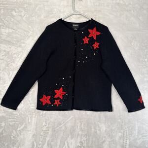 Designer Originals STUDIO Christmas Sweater Sz PXL Button Embroidered Poinsettia
